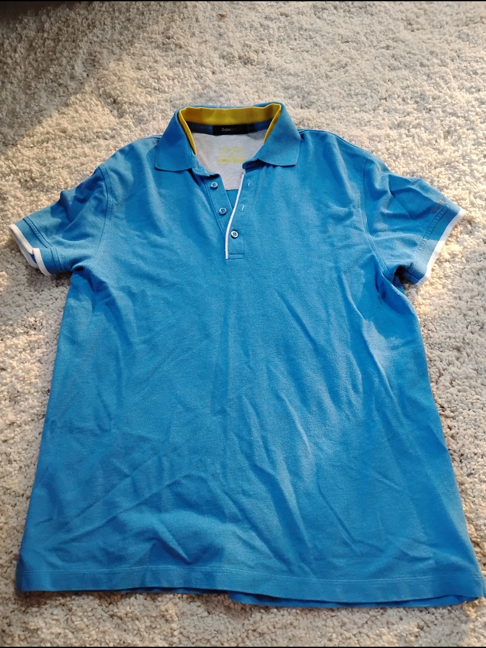 Zegna Sport Men's Blue Short-Sleeve Polo with Contrast Collar